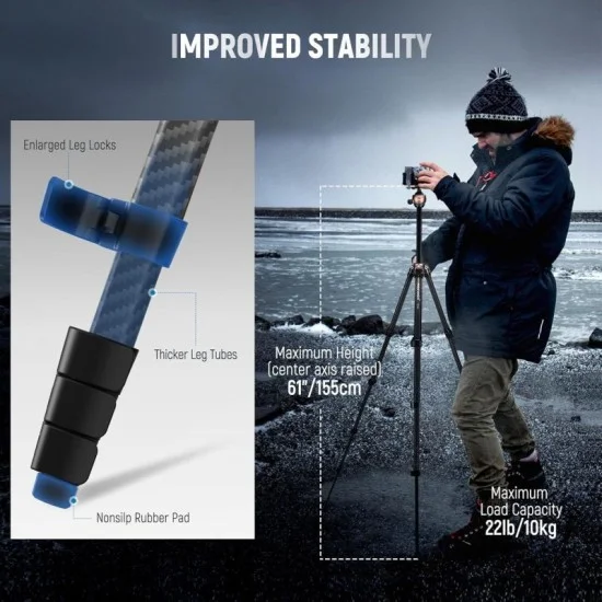 neewer lt35 61" carbon fiber travel tripod， with 360&deg; panorama ball head _ black